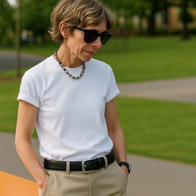 A british handsome man having a real leather belt in the park